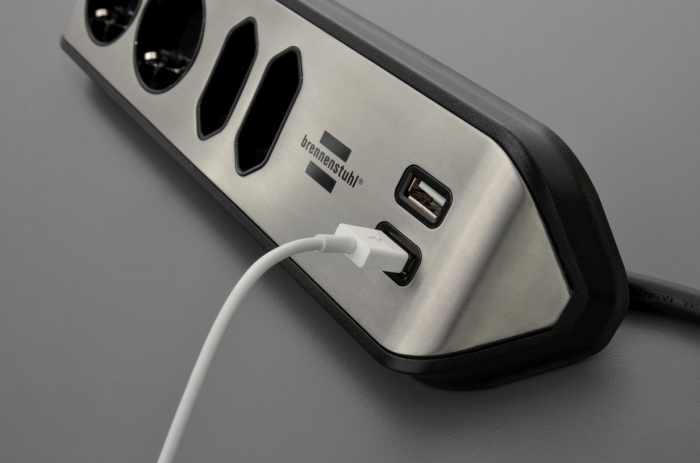 Prelungitor pentru perete colt Brennenstuhl Estilo 4 prize, 2 USB, 3.1 A, 2m Inox, Adeziv inclus, Argintiu-Negru [7]