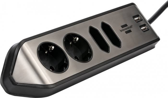 Prelungitor pentru perete colt Brennenstuhl Estilo 4 prize, 2 USB, 3.1 A, 2m Inox, Adeziv inclus, Argintiu-Negru [3]