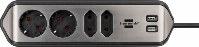 Prelungitor pentru perete colt Brennenstuhl Estilo 4 prize, 2 USB, 3.1 A, 2m Inox, Adeziv inclus, Argintiu-Negru [5]