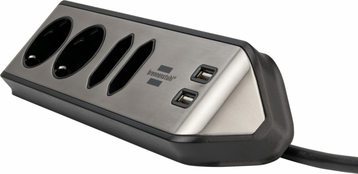 Prelungitor pentru perete colt Brennenstuhl Estilo 4 prize, 2 USB, 3.1 A, 2m Inox, Adeziv inclus, Argintiu-Negru [4]