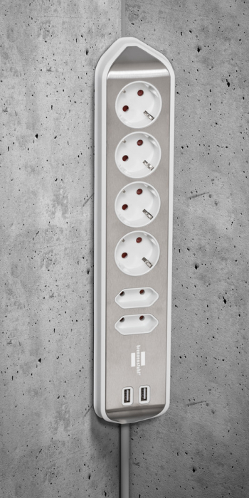 Prelungitor pentru perete colt Brennenstuhl Estilo 6 prize, 2 USB, 3.1 A, 2m Inox, Adeziv inclus, Argintiu-Alb [7]