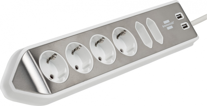 Prelungitor pentru perete colt Brennenstuhl Estilo 6 prize, 2 USB, 3.1 A, 2m Inox, Adeziv inclus, Argintiu-Alb [6]