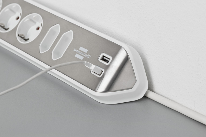 Prelungitor pentru perete colt Brennenstuhl Estilo 6 prize, 2 USB, 3.1 A, 2m Inox, Adeziv inclus, Argintiu-Alb [3]