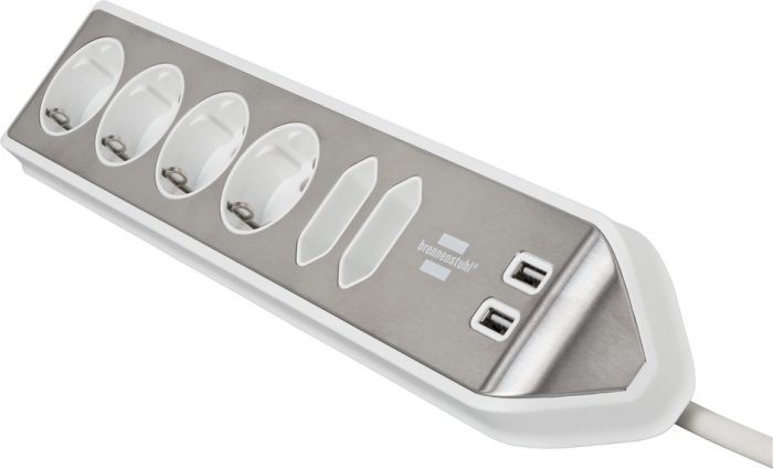 Prelungitor pentru perete colt Brennenstuhl Estilo 6 prize, 2 USB, 3.1 A, 2m Inox, Adeziv inclus, Argintiu-Alb [2]