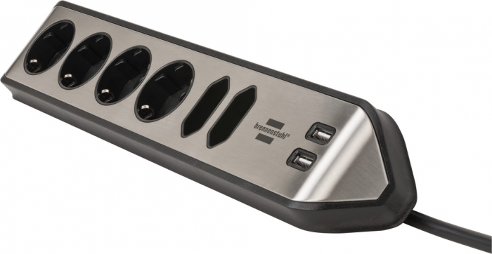 Prelungitor pentru perete colt Brennenstuhl Estilo 6 prize, 2 USB, 3.1 A, 2m Inox, Adeziv inclus, Argintiu-Negru [7]