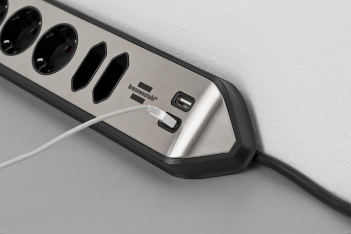 Prelungitor pentru perete colt Brennenstuhl Estilo 6 prize, 2 USB, 3.1 A, 2m Inox, Adeziv inclus, Argintiu-Negru [2]