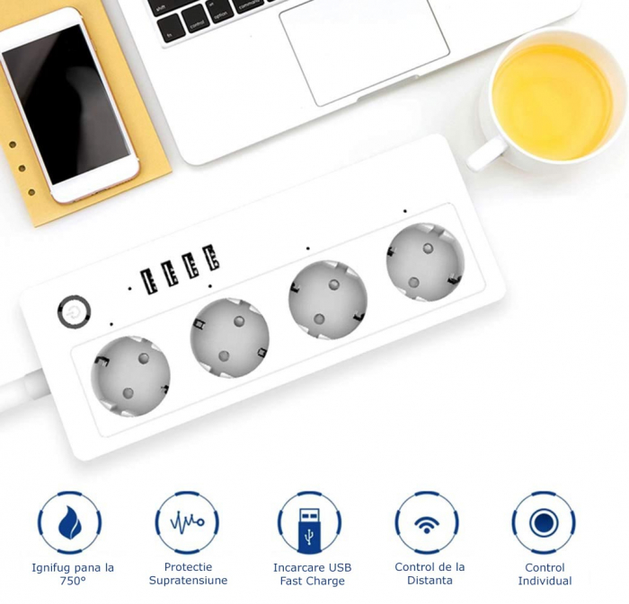 Prelungitor Smart A26, Wifi, 16A, 4 Prize Individuale, 4 USB Tuya, Alexa, Google Assistant [5]