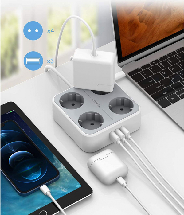Prelungitor Tessan TS-302, 4 prize, 3 USB 3A, cablu 1.5m [2]