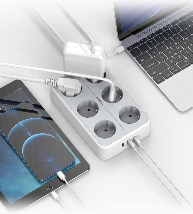 Prelungitor electric Tessan TS-303, 6 prize, 3 USB 3A, cablu 2m [3]