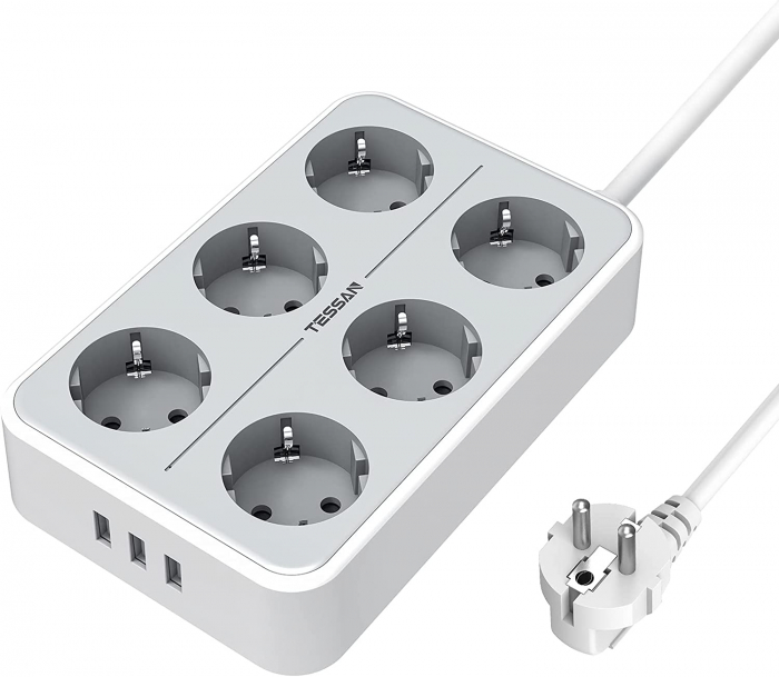 Prelungitor electric Tessan TS-303, 6 prize, 3 USB 3A, cablu 2m [2]