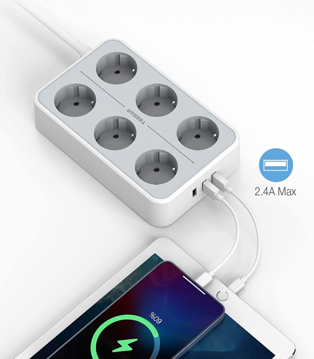 Prelungitor electric Tessan TS-303, 6 prize, 3 USB 3A, cablu 2m [6]