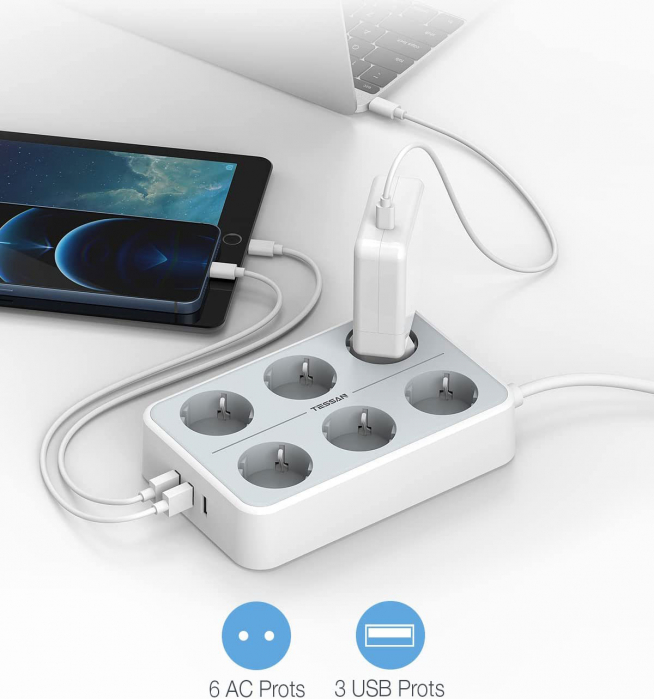 Prelungitor electric Tessan TS-303, 6 prize, 3 USB 3A, cablu 2m [5]