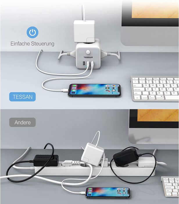 Prelungitor tip cub Tessan TS-301, 3 prize, 3 USB 3A, cablu 1.5m [4]