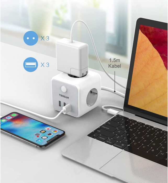 Prelungitor tip cub Tessan TS-301, 3 prize, 3 USB 3A, cablu 1.5m [6]