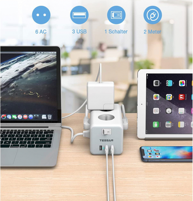 Prelungitor electric tip cub Tessan TS-306, 6 prize, 3 USB 3A, cablu 2m [7]