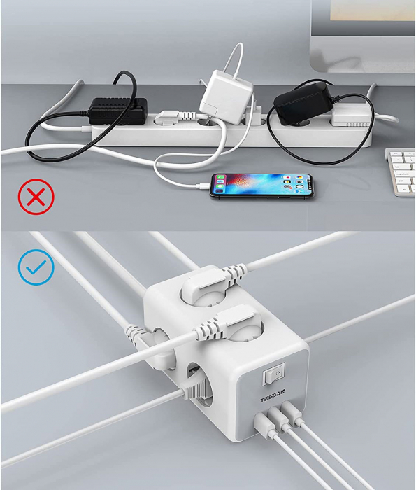 Prelungitor electric tip cub Tessan TS-306, 6 prize, 3 USB 3A, cablu 2m [3]