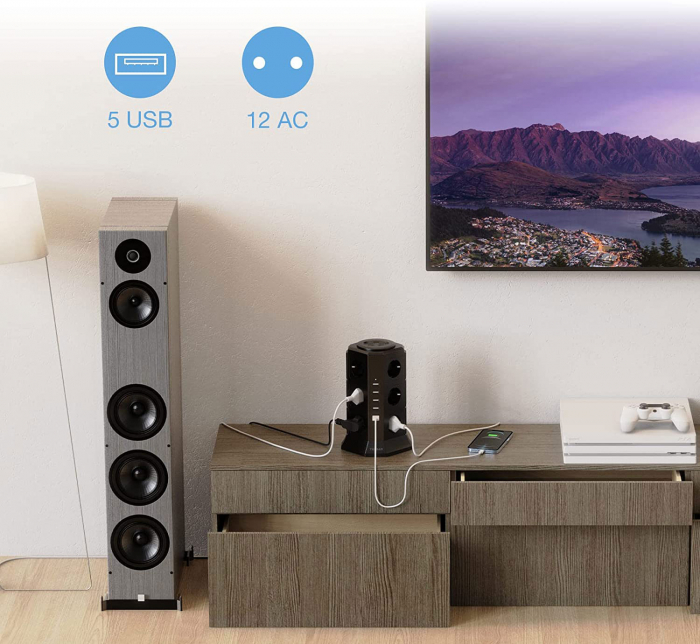 Prelungitor tip Turn Tessan TP-VA5U12E, 12 prize, 5 USB 4.5A, cablu 2m, protectie la suprasarcina [6]