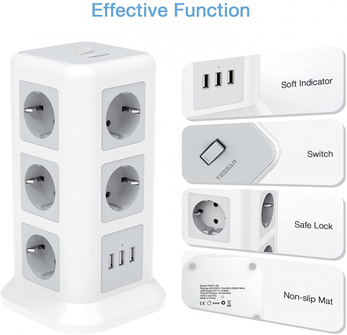 Prelungitor tip Turn Tessan TPS01, 11 prize, 3 USB 3.1A, cablu 2m, protectie la suprasarcina - Alb [2]
