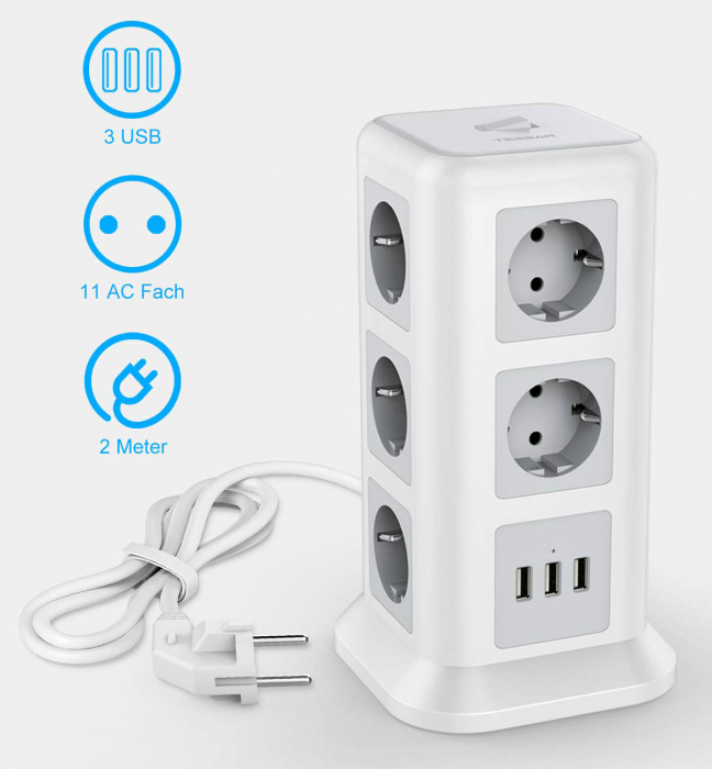 Prelungitor tip Turn Tessan TPS01, 11 prize, 3 USB 3.1A, cablu 2m, protectie la suprasarcina - Alb [3]