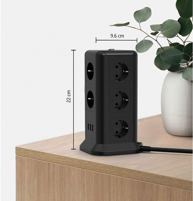 Prelungitor tip Turn Tessan TPS01, 11 prize, 3 USB 3.1A, cablu 2m, protectie la suprasarcina - Negru [6]