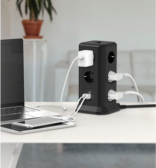 Prelungitor tip Turn Tessan TPS01, 11 prize, 3 USB 3.1A, cablu 2m, protectie la suprasarcina - Negru [5]