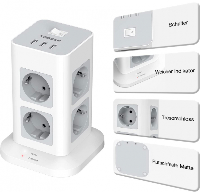 Prelungitor tip Turn Tessan TPS03, 8 prize, 3 USB 3A, cablu 2m, protectie la suprasarcina [2]