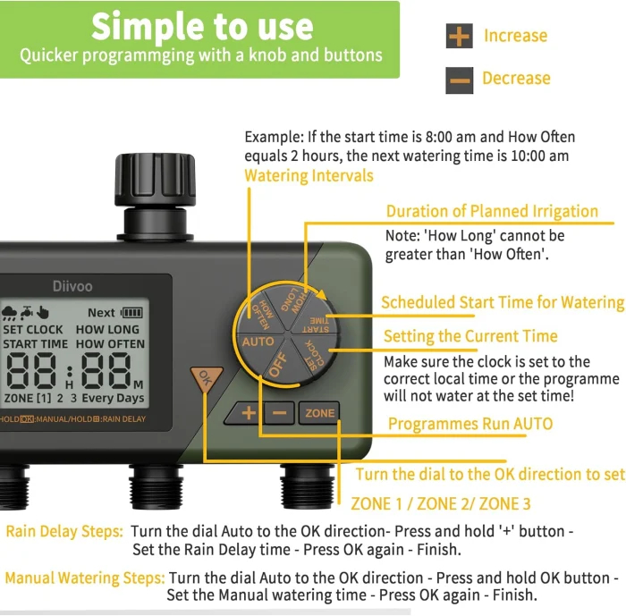 Programator automat pentru irigare Diivoo WT10M-GN, 3 zone, IP54, functie Rain Delay [3]