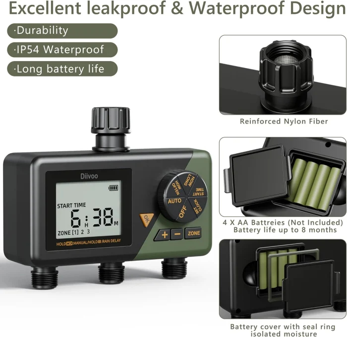 Programator automat pentru irigare Diivoo WT10M-GN, 3 zone, IP54, functie Rain Delay [2]