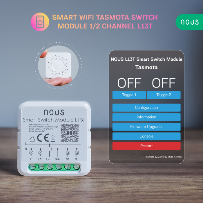 Releu inteligent WiFi Nous L13T, 1 2 canale, 16A Tasmota [2]