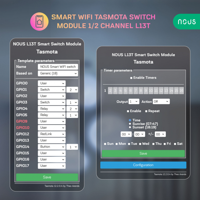 Releu inteligent WiFi Nous L13T, 1 2 canale, 16A Tasmota [6]