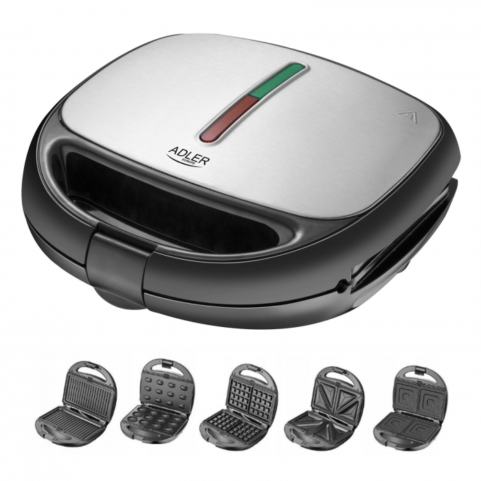 Sandwich maker Adler AD 3040 5 in 1 cu functie grill, 2 tipuri sandwich, vafe si preparare nuci, protectie supraincalzire [1]