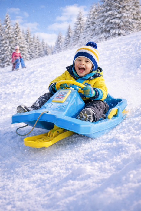 Sanie Copii Marmat Niko Cu Manere, Frana Si Volan - Albastru [2]