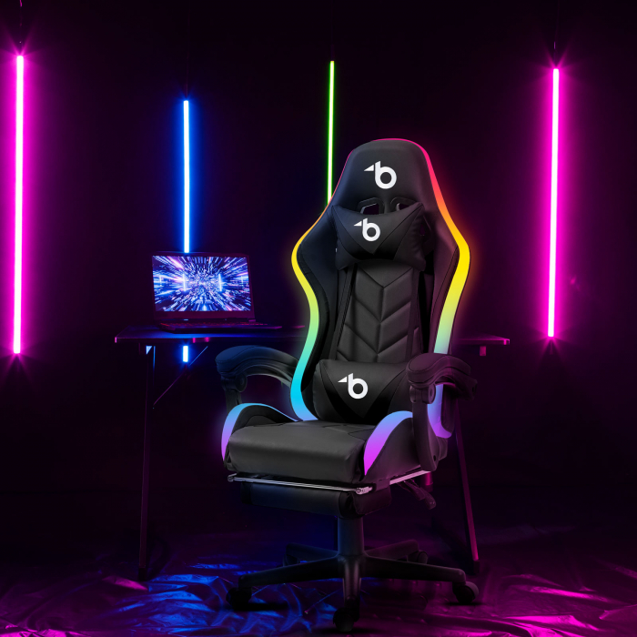 Scaun gamer RGB LED - cu cotiere, perna si telecomanda lumini - negru [2]