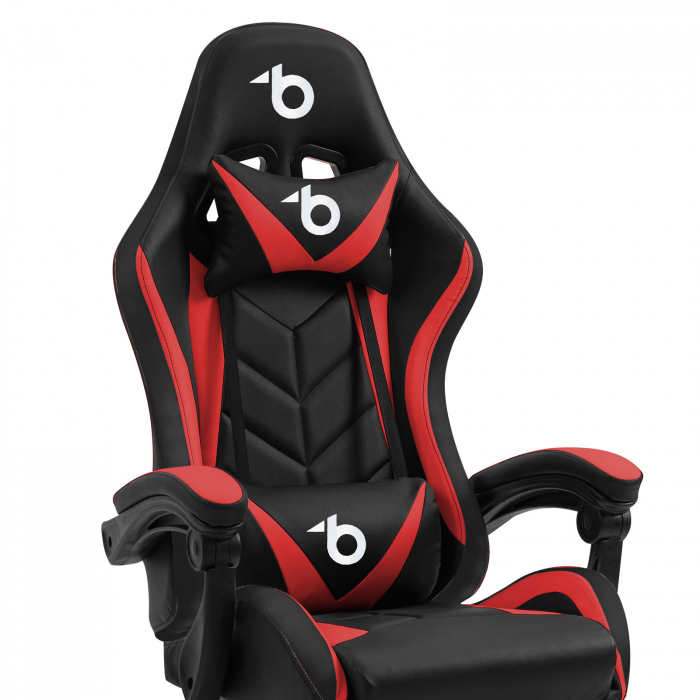 Scaun ergonomic gamer cu telecomanda lumini RGB LED - cu cotiere, perna, - negru/rosu [3]