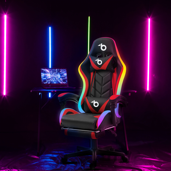 Scaun ergonomic gamer cu telecomanda lumini RGB LED - cu cotiere, perna, - negru/rosu [2]