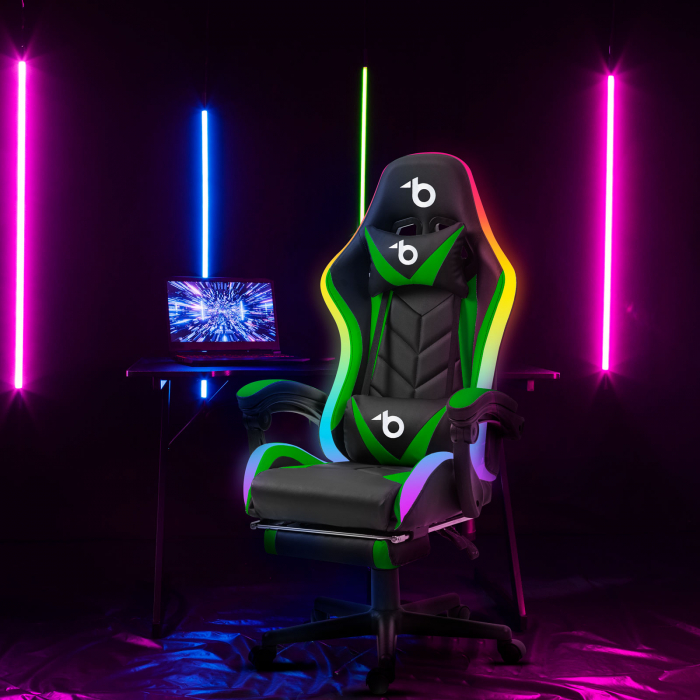 Scaun gamer RGB LED - cu cotiere, perna - negru/verde [2]