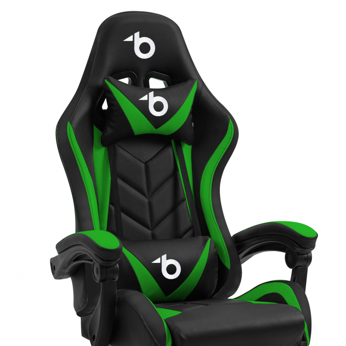 Scaun gamer RGB LED - cu cotiere, perna - negru/verde [3]