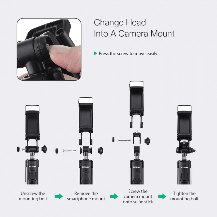 Selfie Stick Tripod BlitzWolf 3 in 1 cu Lanterna LED si telecomanda detasabila - BW-BS8 [5]