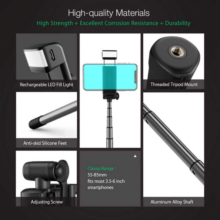Selfie Stick Tripod BlitzWolf 3 in 1 cu Lanterna LED si telecomanda detasabila - BW-BS8 [7]