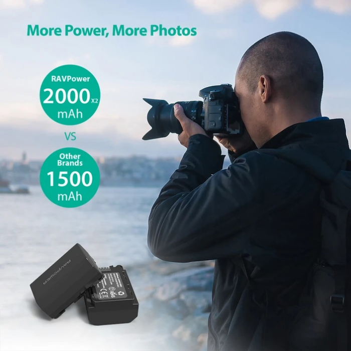 Set 2 acumulatori FZ100 cu incarcator RAVPower RP-BC018, pentru camere Sony NP-FZ100, Alpha A7 III, A7R III, A9, Sony Alpha A9, A7R3, a660, a7R IV, Alpha a9II, Alpha 9R, A9R, Alpha 9S [5]