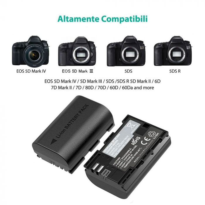 Set 2 acumulatori LP-E6, LP-E6N cu incarcator RAVPower RP-BC003, pentru camere Canon, EOS 5D Mark IV 5D Mark III 5DS 5DS R 5D Mark II 6D Mark II 7D Mark II 7D 80D 70D 60D 60Da [4]
