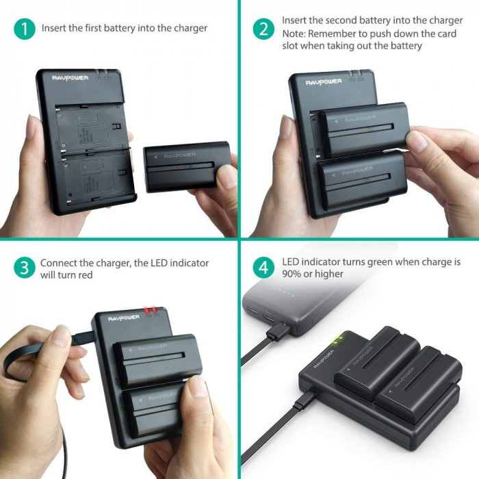 Set 2 acumulatori NP-F550 cu incarcator RAVPower RP-BC006, pentru camere SONY CCD-RV100 RV200 Seria SC, Seria TR [6]