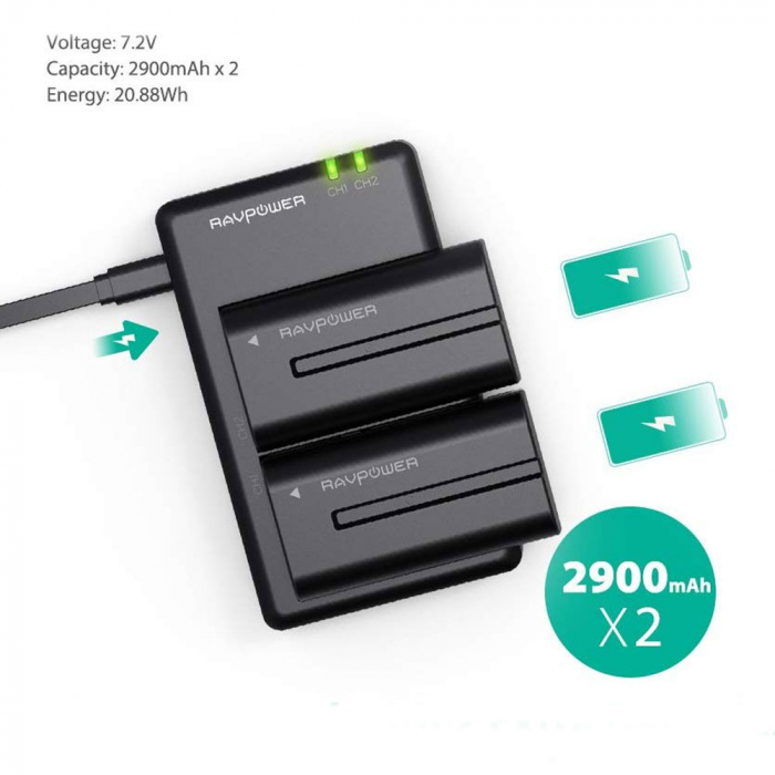 Set 2 acumulatori NP-F550 cu incarcator RAVPower RP-BC006, pentru camere SONY CCD-RV100 RV200 Seria SC, Seria TR [4]