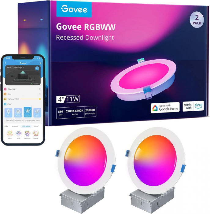 Set 2 spoturi incastrate LED Govee H601B Smart Recessed Lighting 4 Inch, RGBWW, 850 Lumeni, 11W [1]