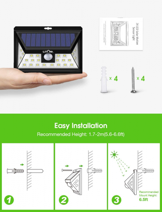 Set 4 lampi solare LITOM LTCD013, LED, 24 leduri, incarcare solara si senzor de miscare [2]