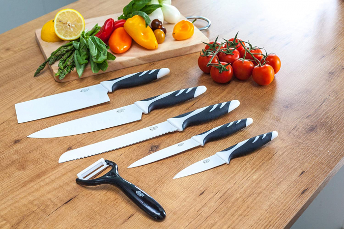 Set de 6 cutite profesionale Cecotec, lame otel inoxidabil acoperit ceramic, manere confortabile cu insertii din silicon, Alb Negru [3]