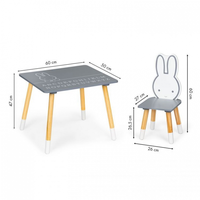 Set de masa cu alfabet si doua scaune in forma de iepuras pentru copii Ecotoys WH141 - Gri si natur [7]