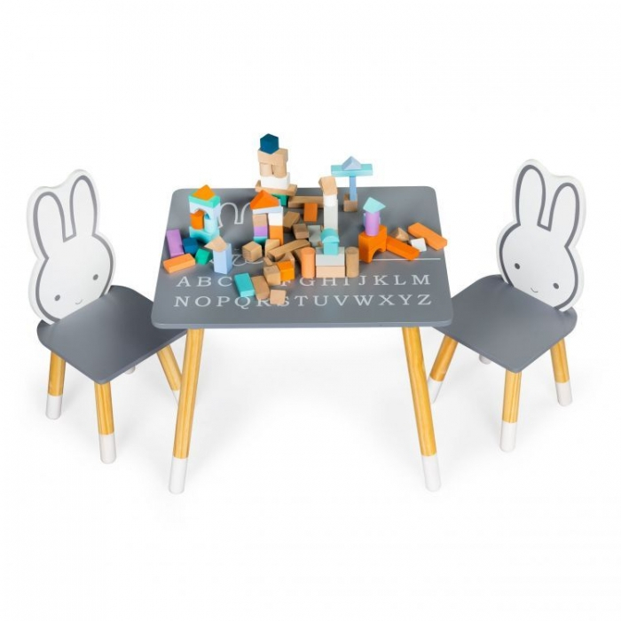 Set de masa cu alfabet si doua scaune in forma de iepuras pentru copii Ecotoys WH141 - Gri si natur [2]