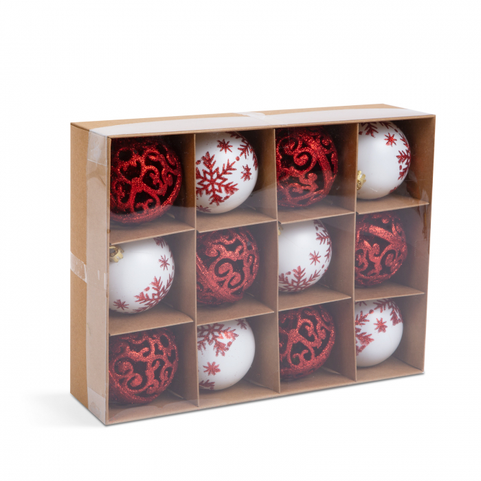 Set decor pentru brad - globuri albe si rosii cu model - 6 cm - 12 buc / set [1]