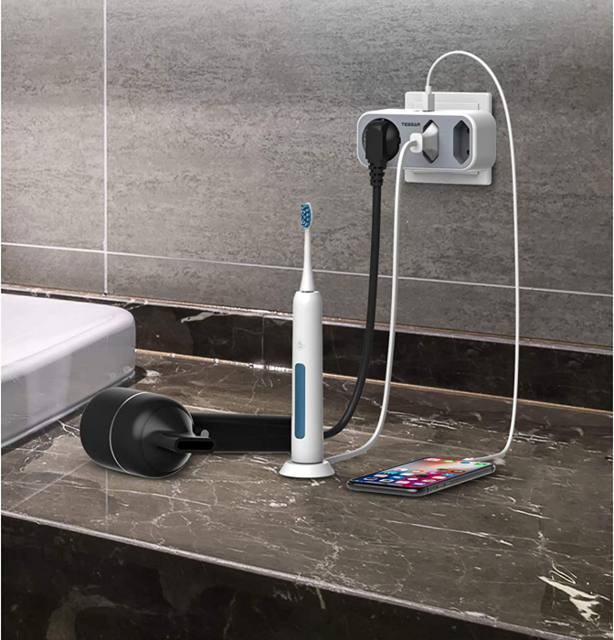 Triplu stecher cu USB Tessan TS-324, 16A, 2xUSB 2.4A [3]